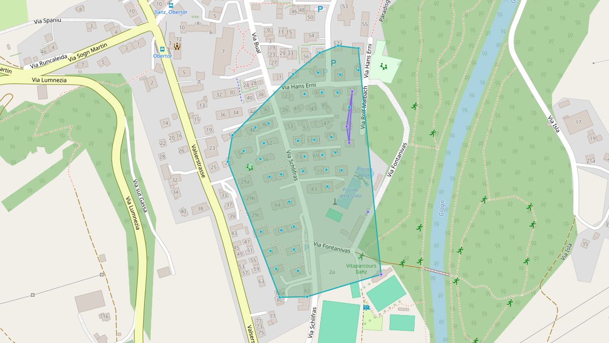 LEG Ilanz/Glion (GR) – Quartier Gebäudeadressen mögliche Teilnehmer NE7 Tra fokreis Ilanz Via Schlifras