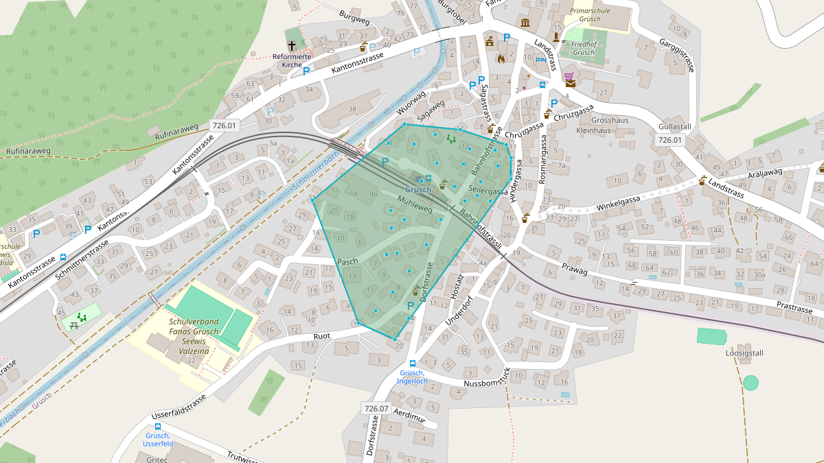 LEG Grüsch (GR) – Quartier Gebäudeadressen Trafokreis Dorfstrasse