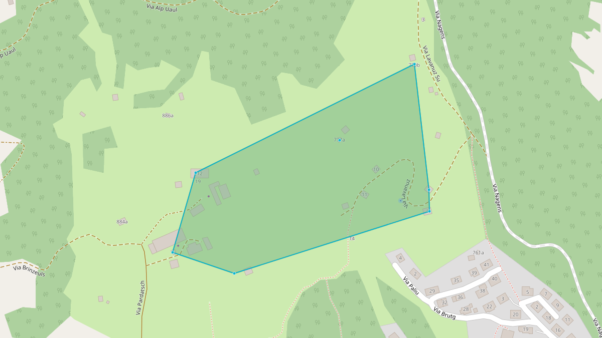 Carte du potentiel CEL de LEG Laax (GR) – Quartier Gebäudeadressen mögliche Teilnehmer NE7_Via Lavanuz su 1 (Beanspruchung ein Trafokreis)