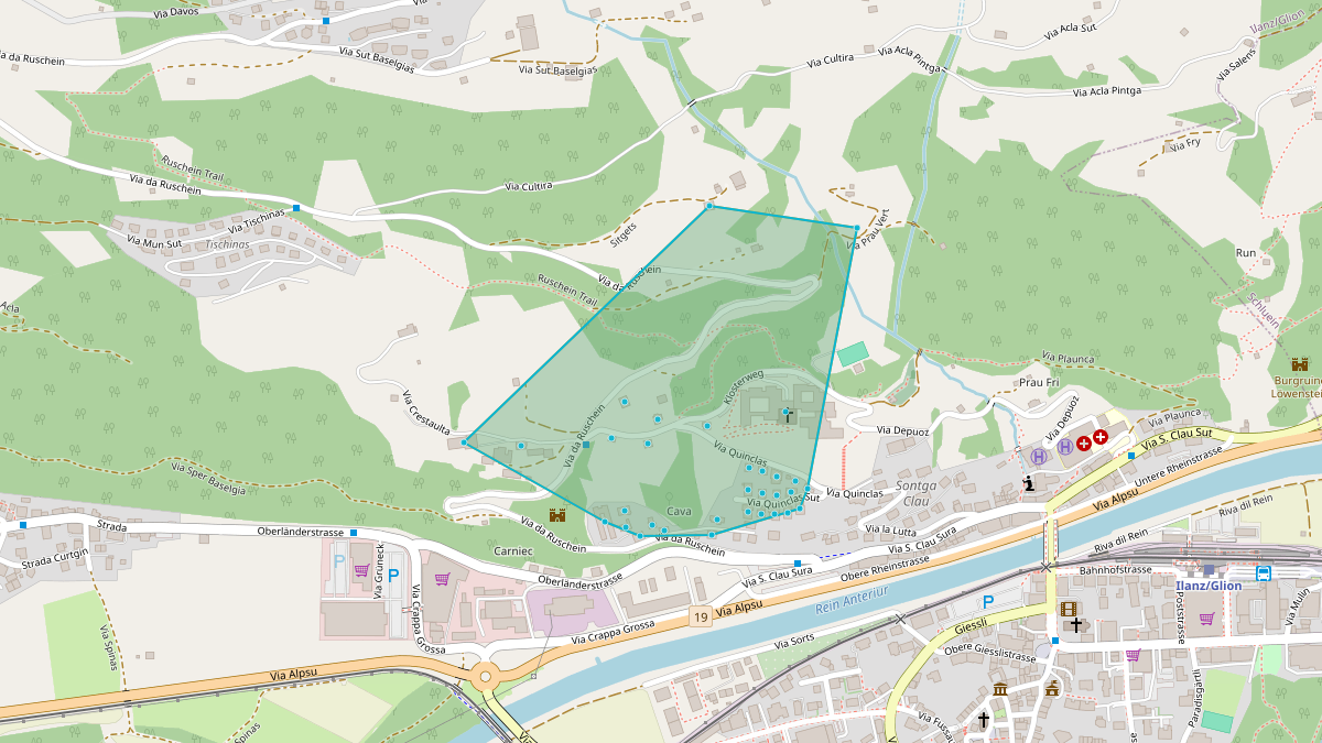LEG-Potenzial-Karte von LEG Ilanz/Glion (GR) – Quartier Gebäudeadressen mögliche Teilnehmer NE7 Tra fokreis Ilanz Via Quinclas sut