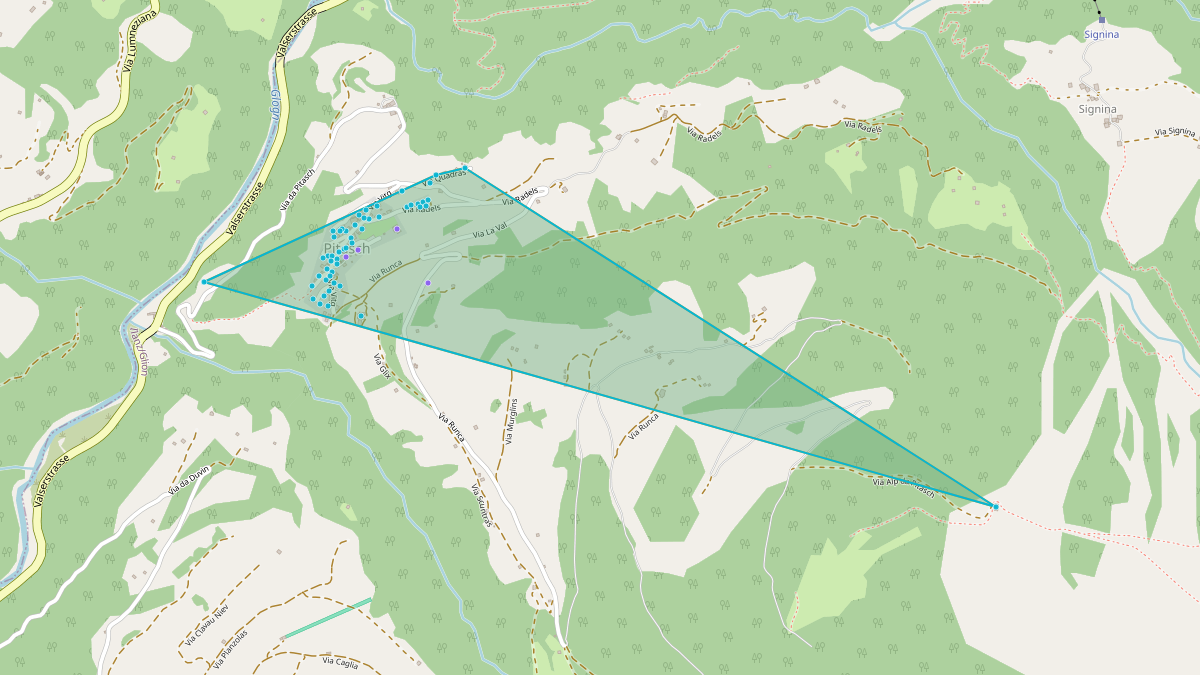 Carte du potentiel CEL de LEG Ilanz/Glion (GR) – Quartier Gebäudeadressen mögliche Teilnehmer NE7 Tra fokreis Pitasch