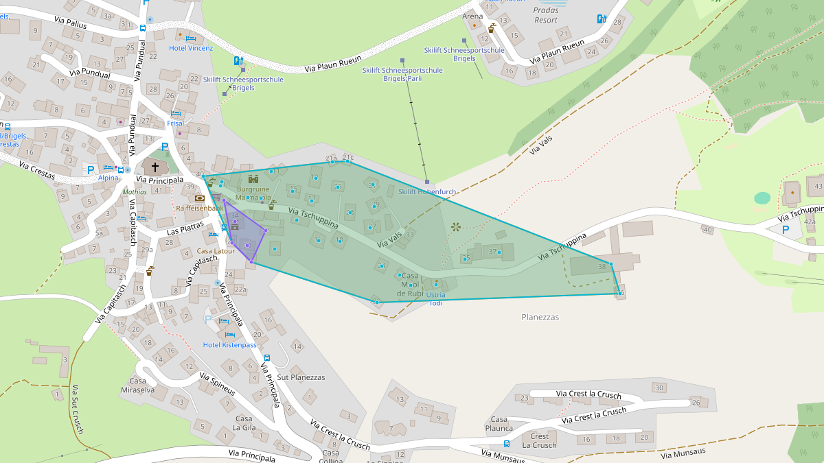 LEG-Potenzial-Karte von LEG Breil/Brigels (GR) – Quartier Gebäudeadressen NE7 (40%)_Trafokreis Via Tschuppina 16